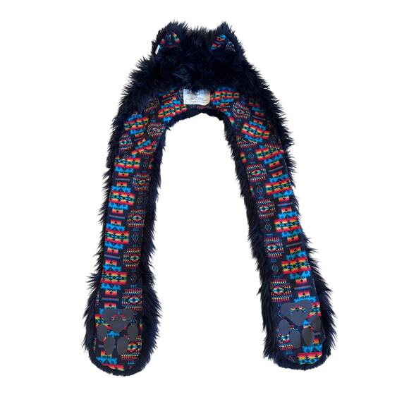 SpiritHoods Accessories - Spirithoods Black Wolf Faux Fur Hood Scarf Tribal Print Lined with Pockets